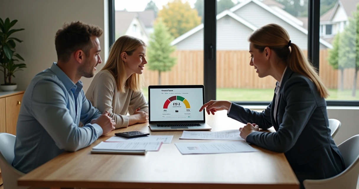 Couple reviewing credit score and mortgage options with advisor at home 