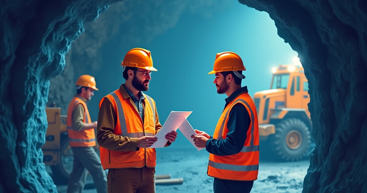 Mine inspectors with safety gear examining documents at a mining site 