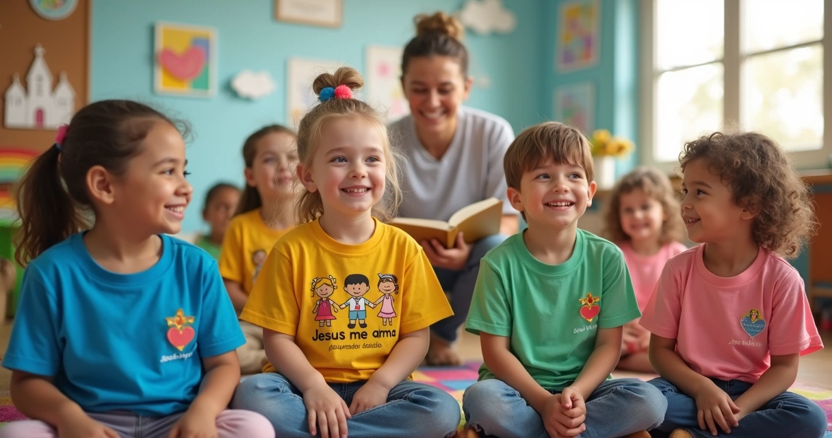 Crianças de ministério infantil usando camisetas personalizadas coloridas em uma sala de igreja 