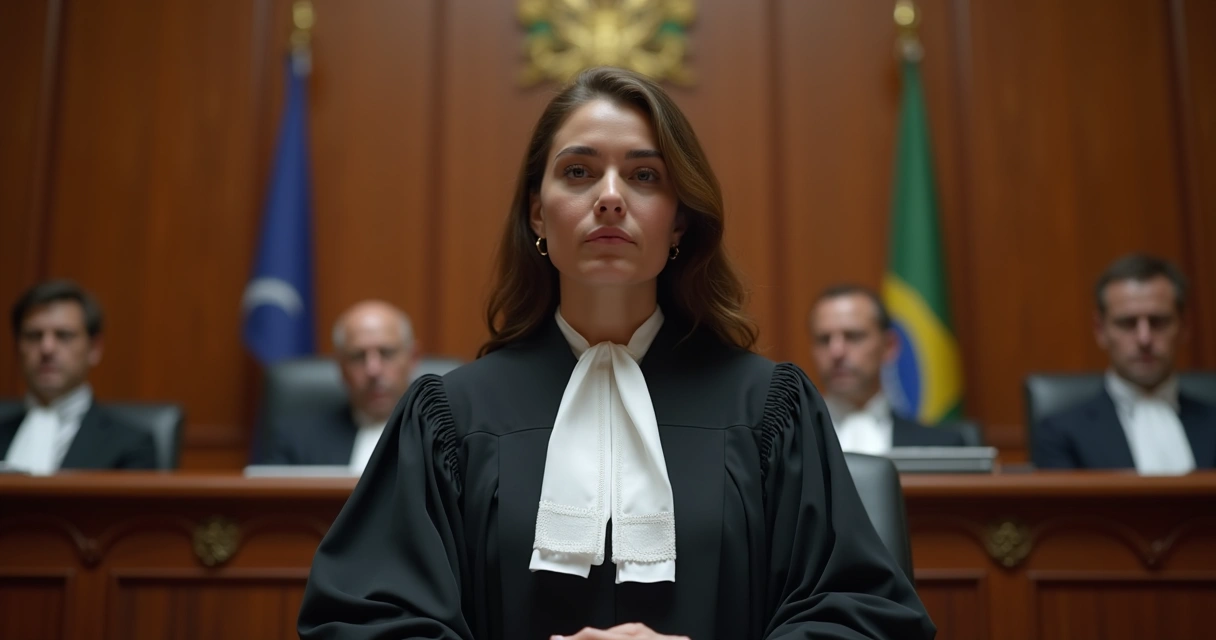 Ministra Marluce Caldas durante sessão do Superior Tribunal de Justiça, ambiente formal com membros do tribunal ao fundo 