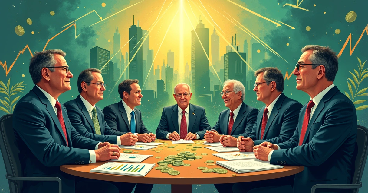 Ilustração de ministros da economia do Brasil em uma mesa redonda discutindo políticas econômicas.