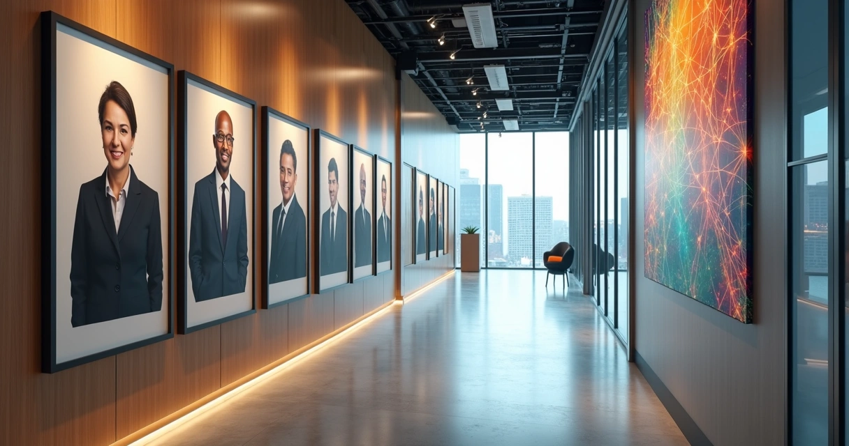 Corredor corporativo com retratos de diferentes gerações formando mosaico colorido 