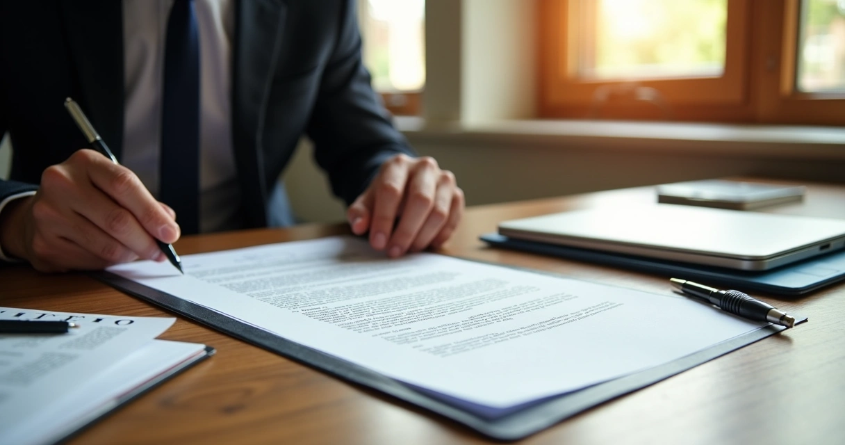 Homem revisando uma minuta de contrato em mesa com documentos oficiais 