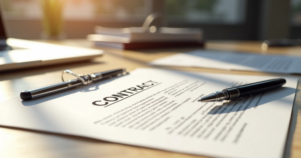 Documento de minuta de contrato com caneta sobre mesa de madeira clara e luz natural 