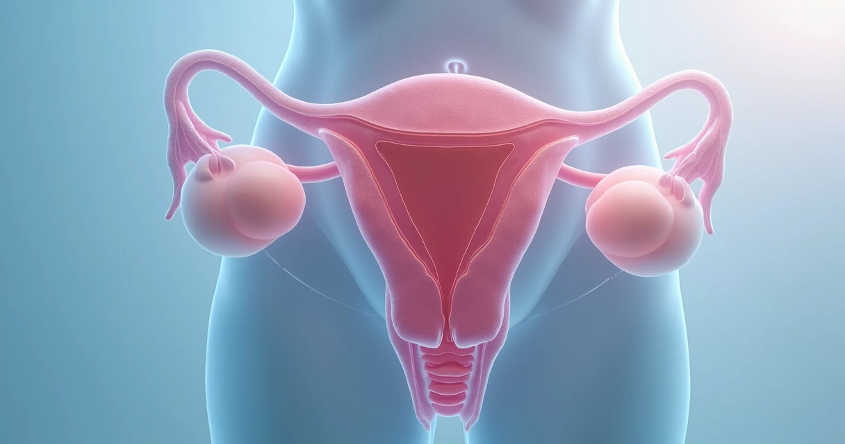 Ilustração de útero aumentado por miomas múltiplos em fundo azul em consultório médico 
