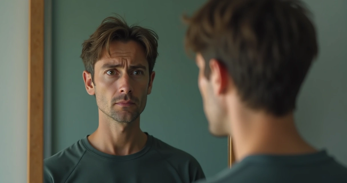 Persona mirando su reflejo en el espejo con expresión reflexiva