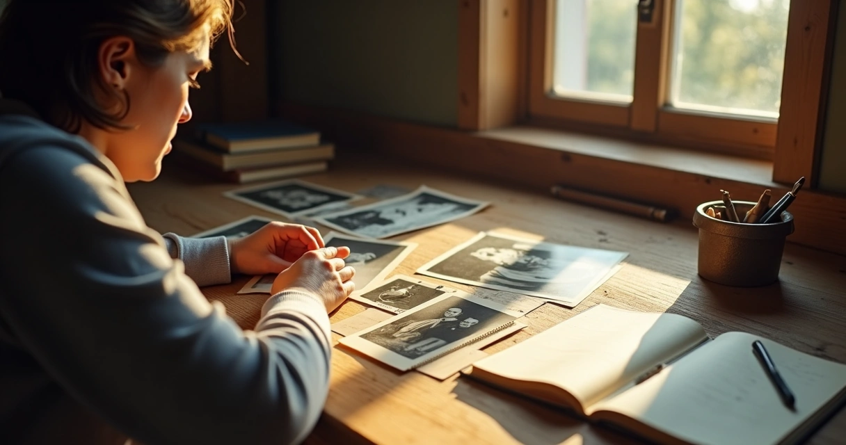 Persona observando retratos familiares en una mesa de madera 