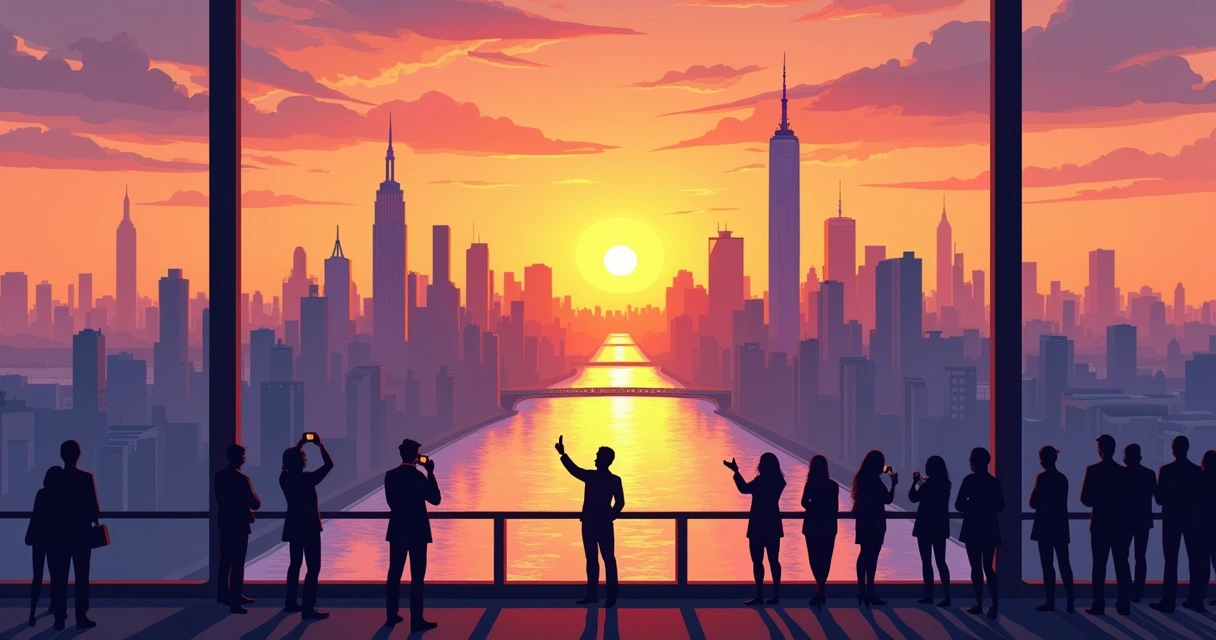 Vista do observatório com skyline de Manhattan ao pôr do sol. 