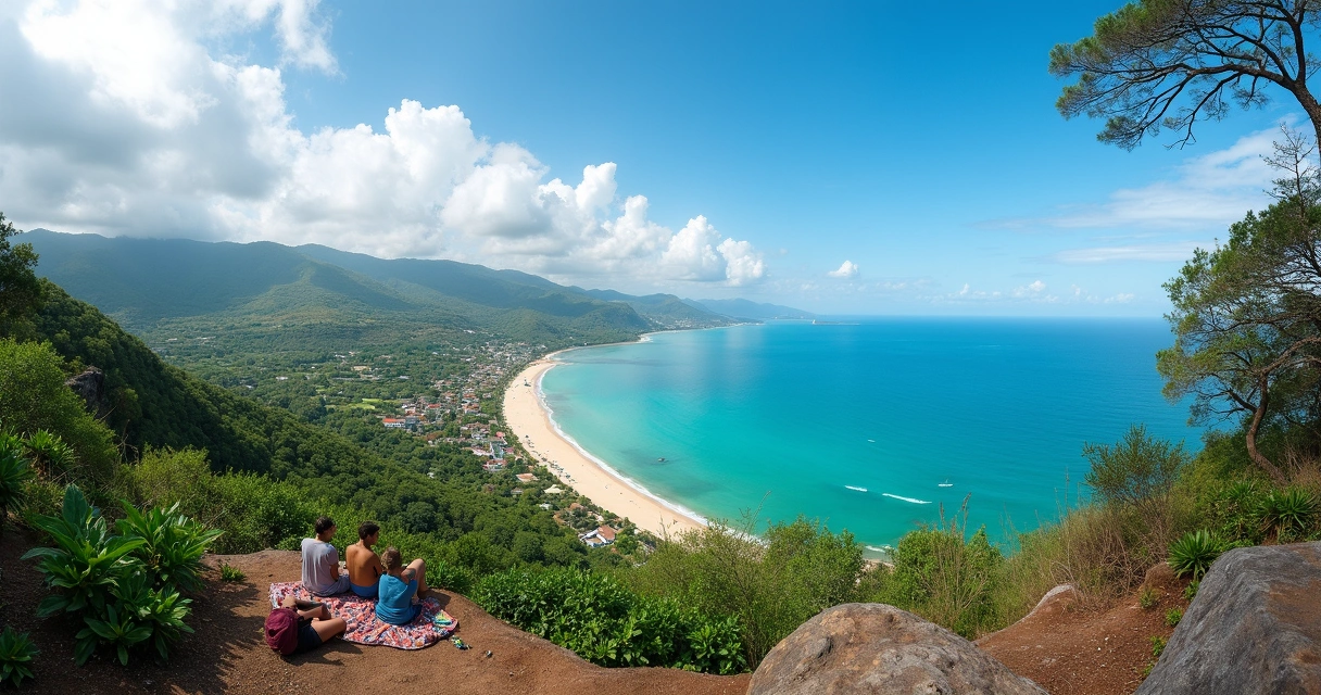 Mirante com vista para a Barra da Lagoa e o mar, vegetação ao redor e céu azul
