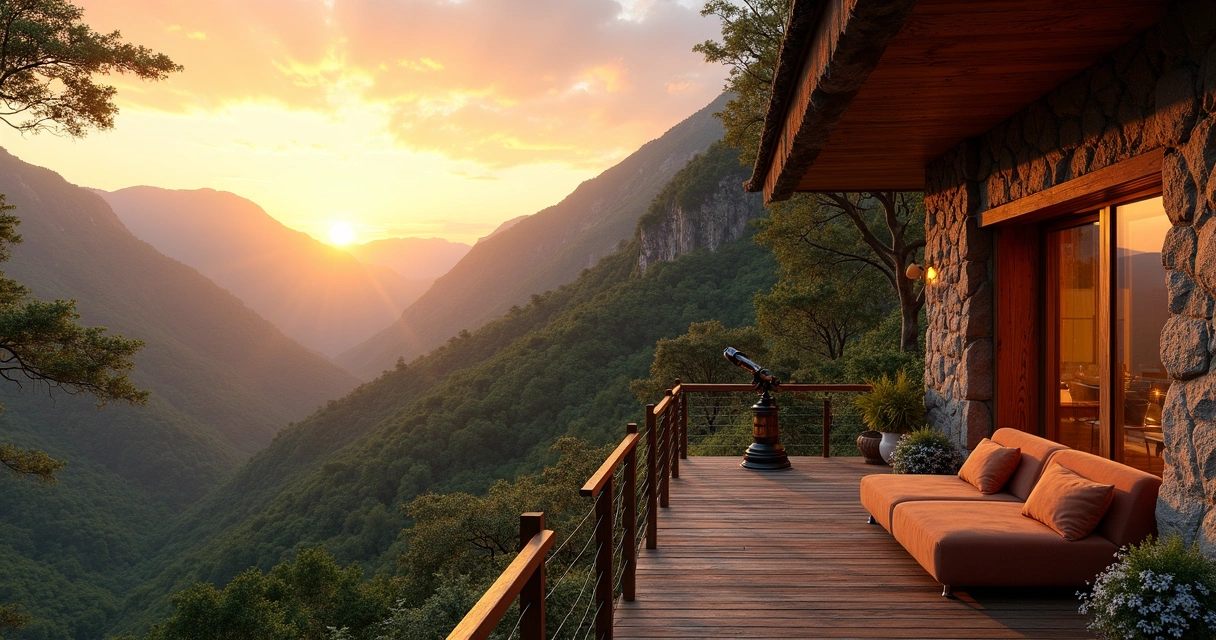 Mirante com vista para o cânion e mata nativa sob a luz do entardecer