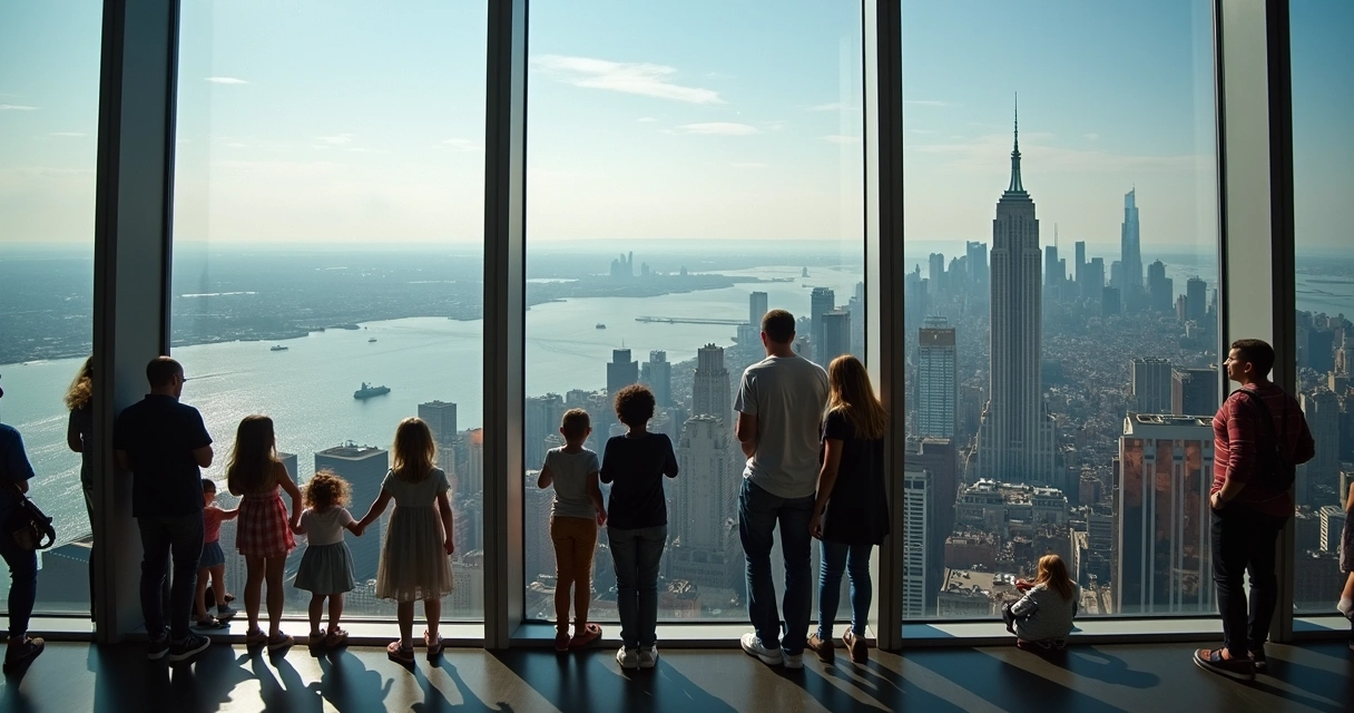 Vista diurna do One World Observatory com monumento 11 de Setembro 