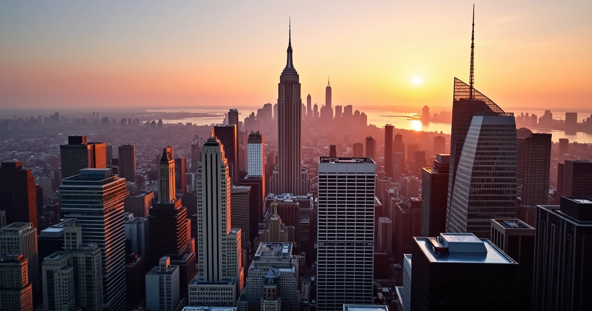 Vista aérea dos principais mirantes de Nova York ao pôr do sol destacando arranha-céus e horizonte iluminado 