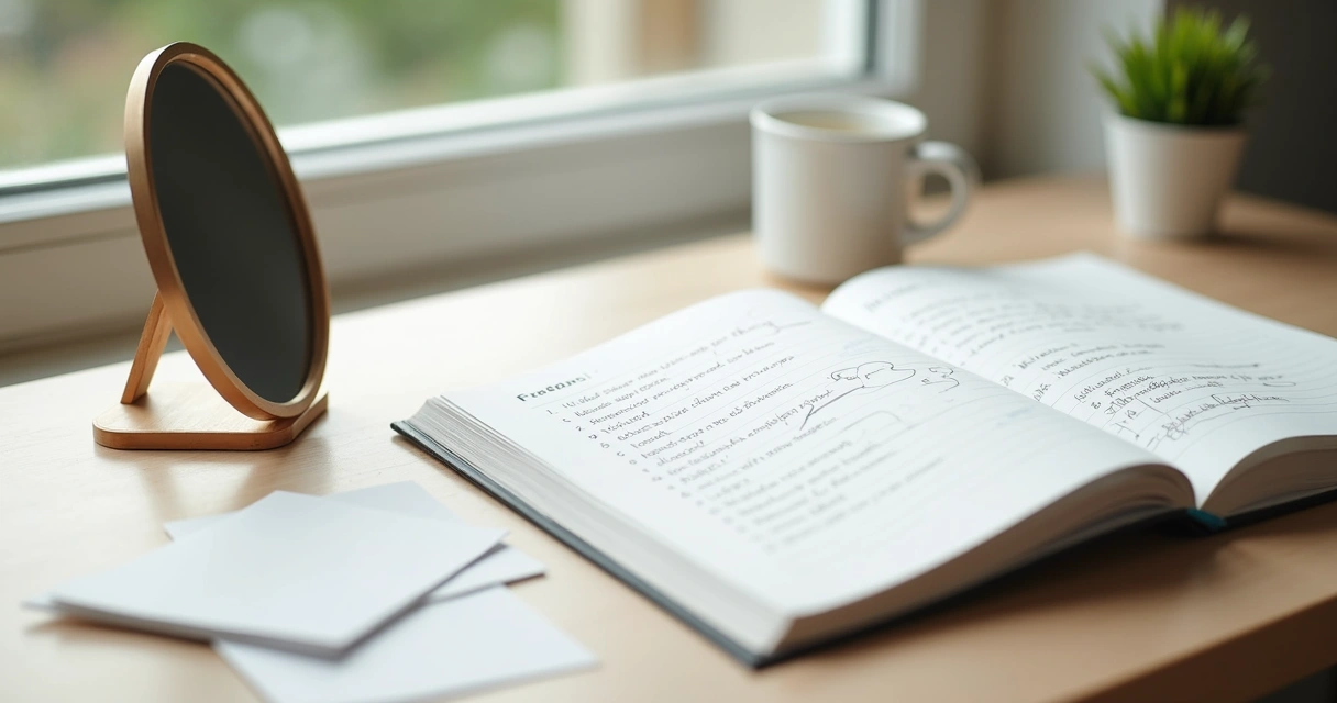 Mirror beside feedback cards and journal on a desk 
