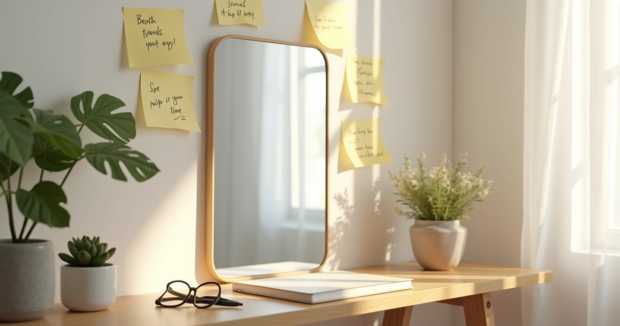 Mirror with handwritten notes and calm room light 