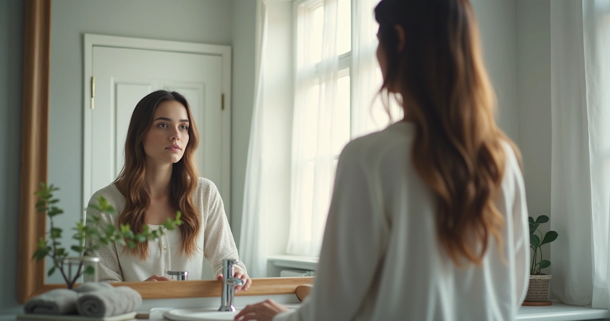 Person looking into a mirror during a quiet morning reflection