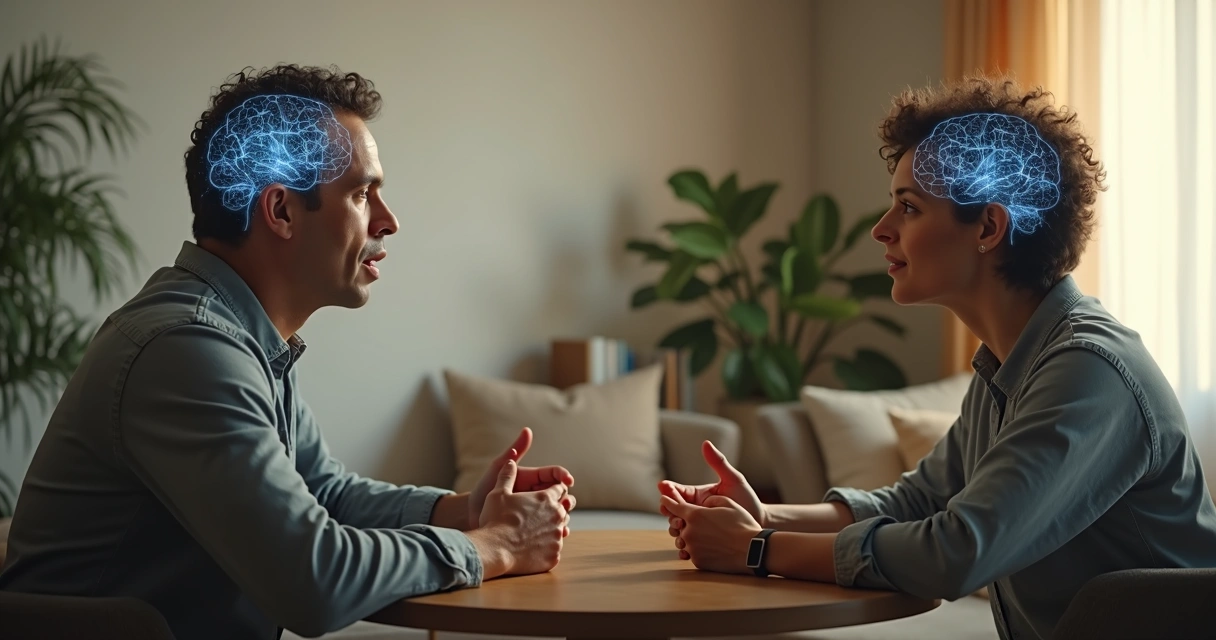 Two people facing each other with mirrored neural light patterns between their brains 