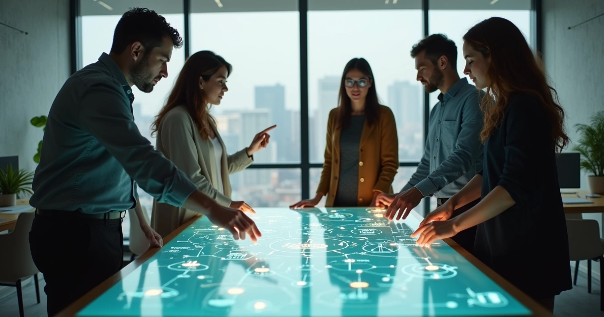 Coworkers around shared digital board with mirrored gesture highlights 