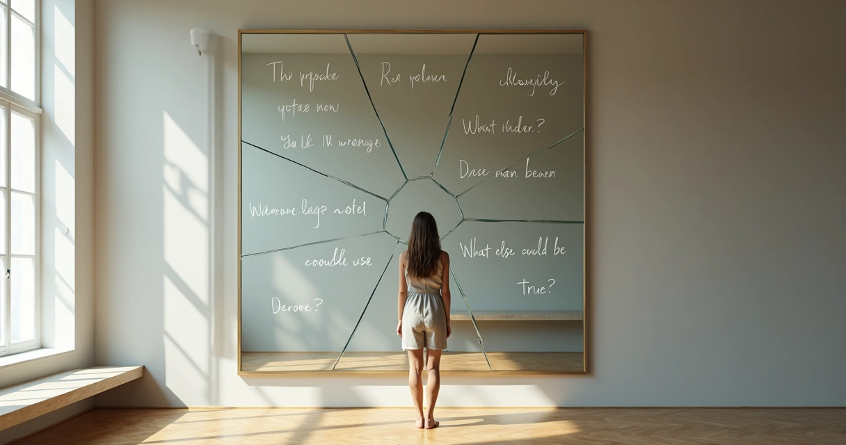 Person facing a large fractured mirror filled with handwritten questions 