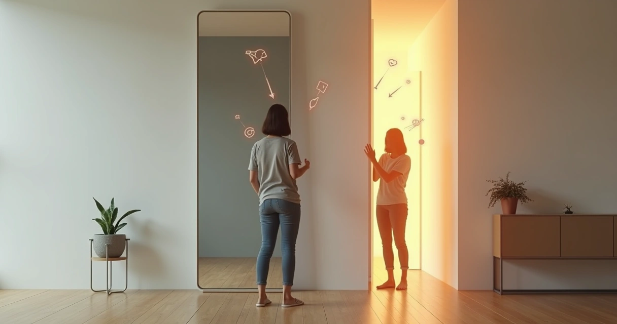 Person reflected in mirror choosing between blame path and accountability path 