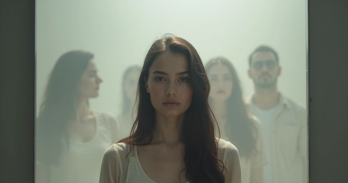 Woman looking at her reflection with blurred surroundings 