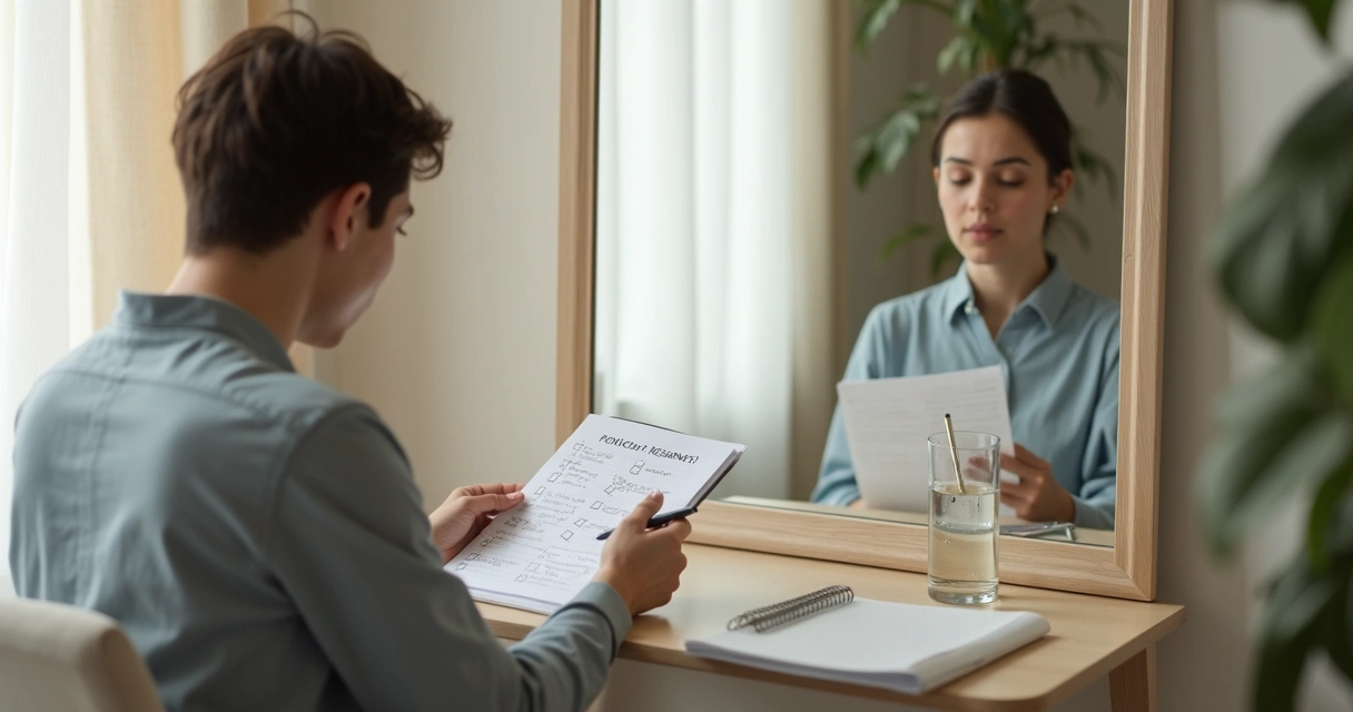 Person reflecting beside mirror with notes on commitments 