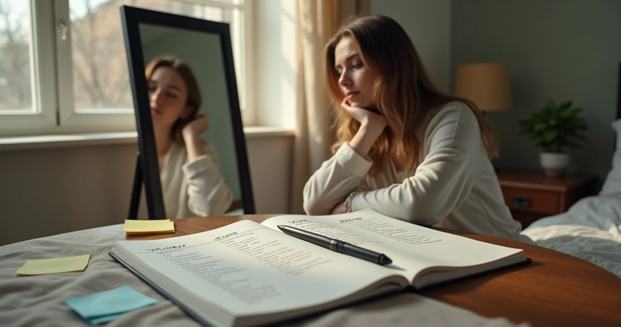 Person reflecting in mirror with notes on a desk