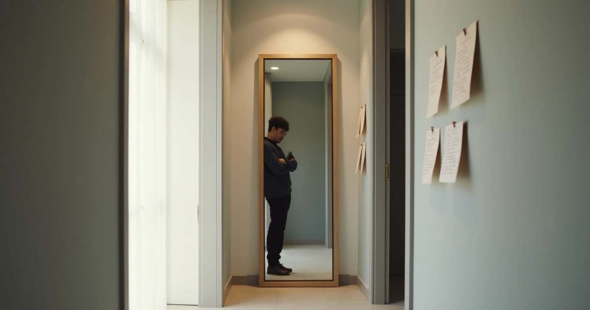 Mirror reflection with notes on a wall