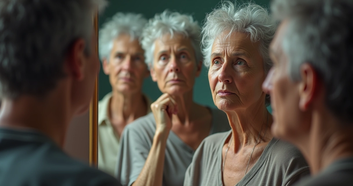 People of different ages standing in front of mirrors with different reflections