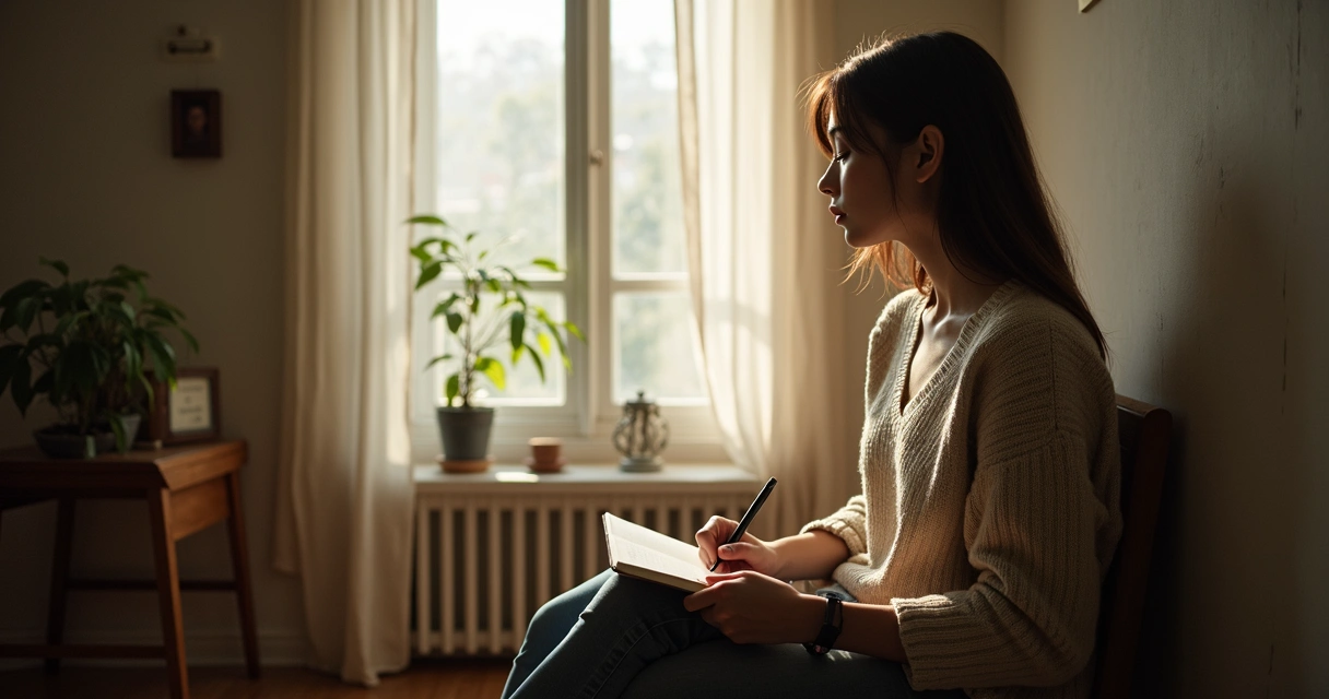 Person reflecting in mirror with journal