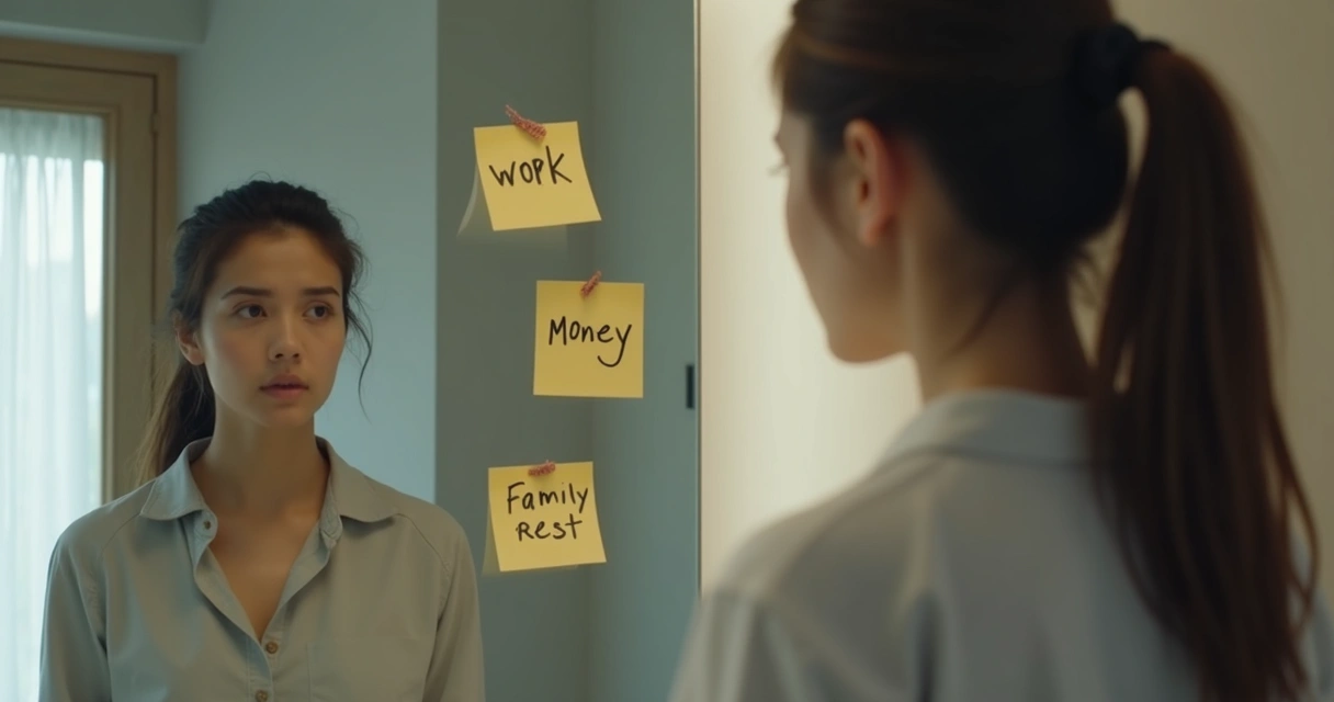 Person looking at a mirror with sticky notes and daily choices 
