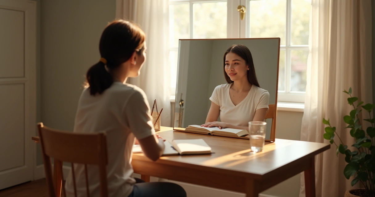 Person reflecting in a mirror with journal on a table