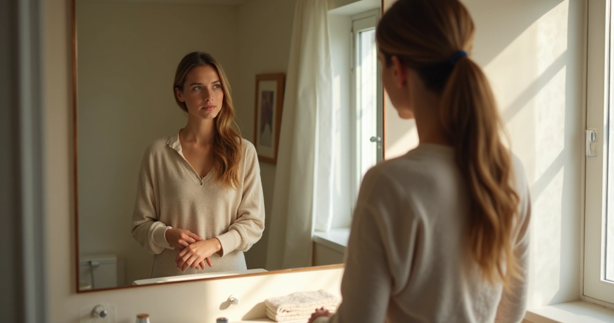 Person reflecting in a mirror during a quiet self-awareness moment 