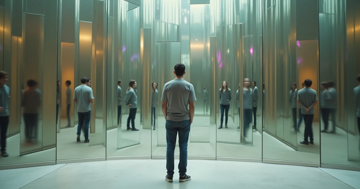 Person facing a fragmented wall of mirrors with different reflections 