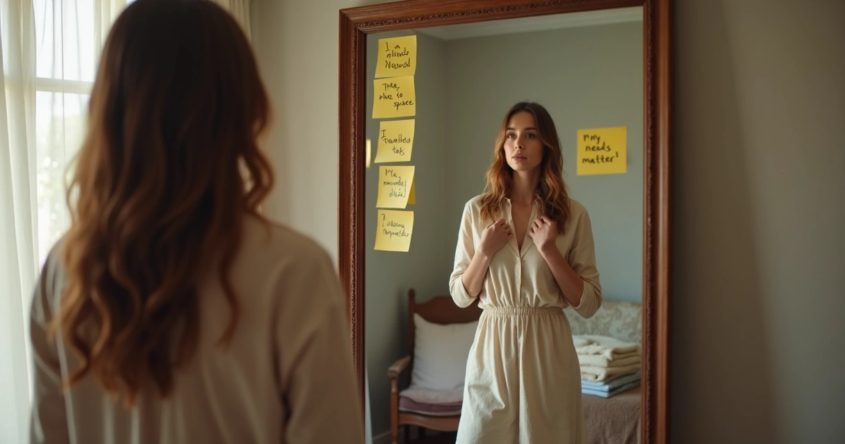 Person standing before a mirror with sticky notes of affirming truths