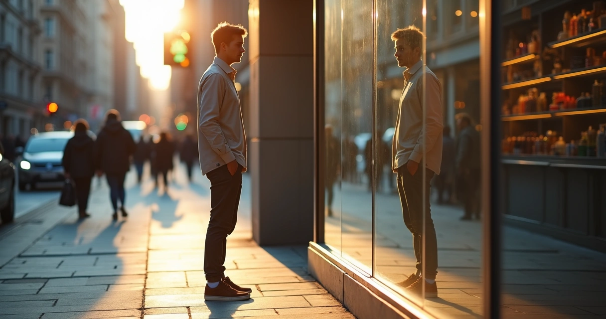 Person looking into a city shop window seeing a clear self and a blurred accusing shadow reflected 