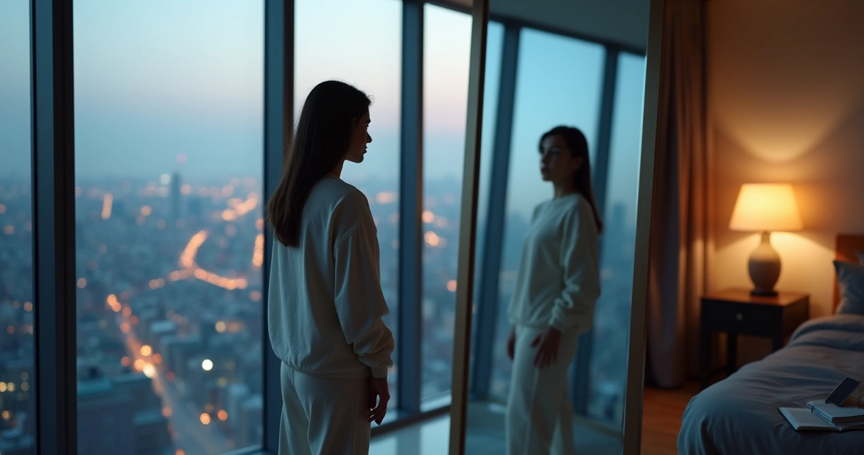 Person looking at own reflection divided between shadow and light 