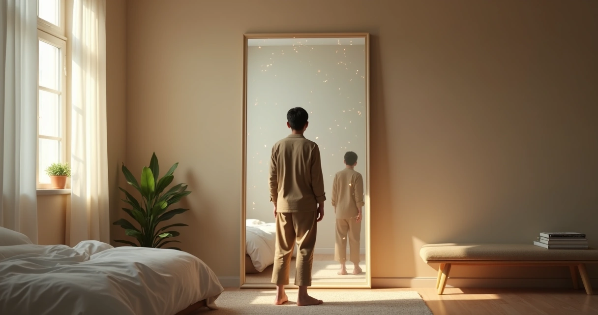 Person seeing tangled shadow strings in mirror reflection 