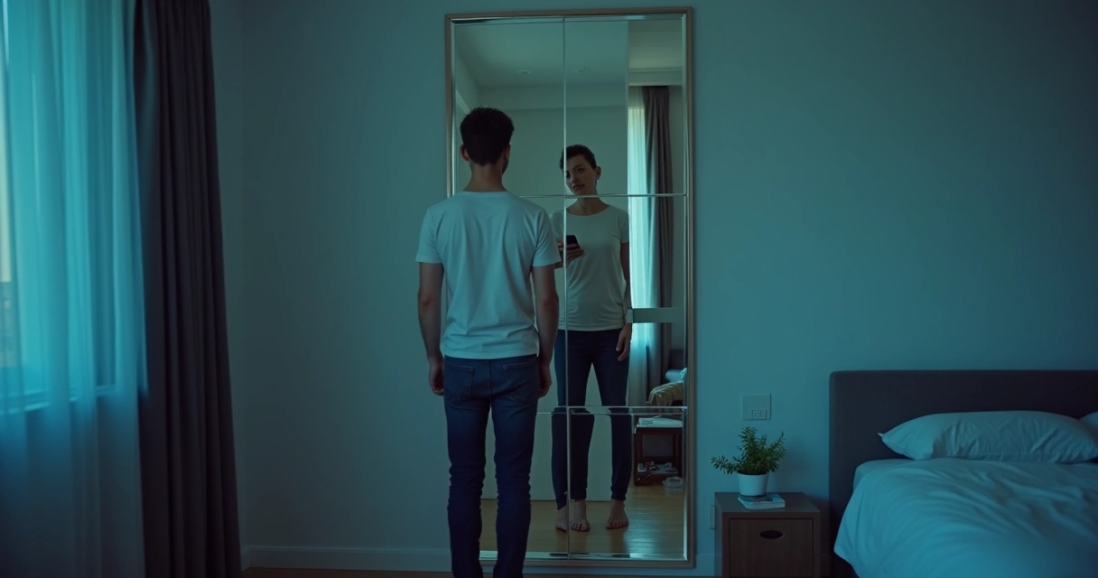 Person facing a fractured mirror showing conflicting reflections 