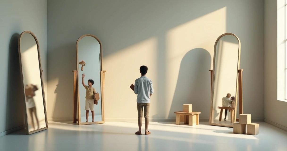 Room with mirrors reflecting symbolic life roles 