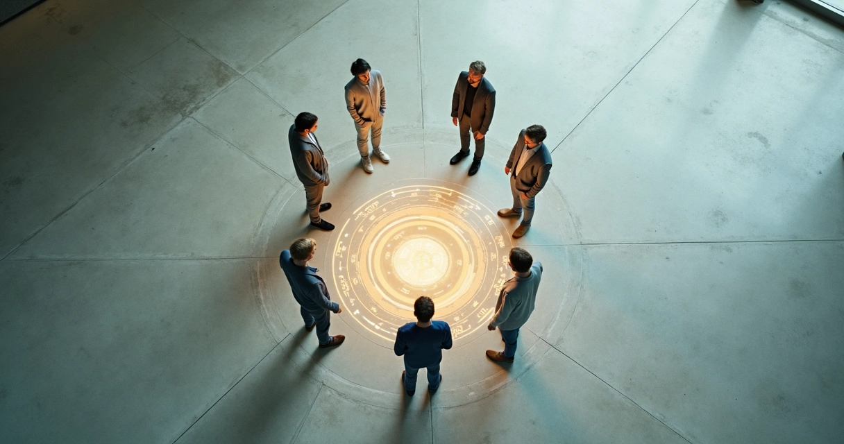 Overhead view of five people in a circle with one discreetly turning toward a different path 