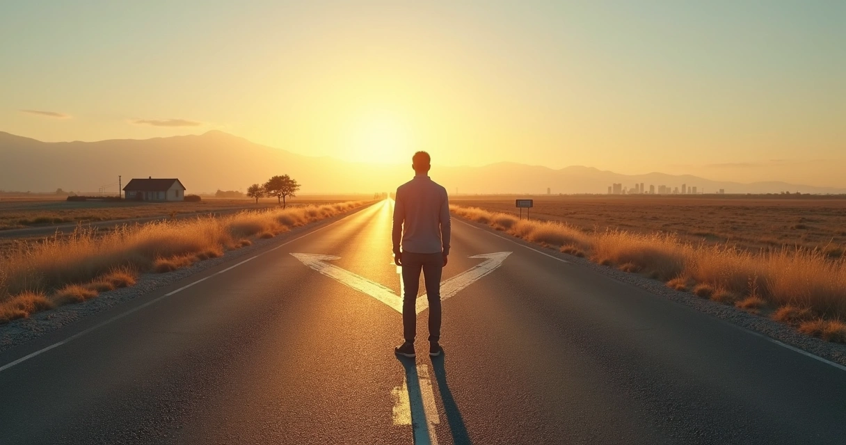 Person standing at a forked road casting a split shadow in opposite directions 