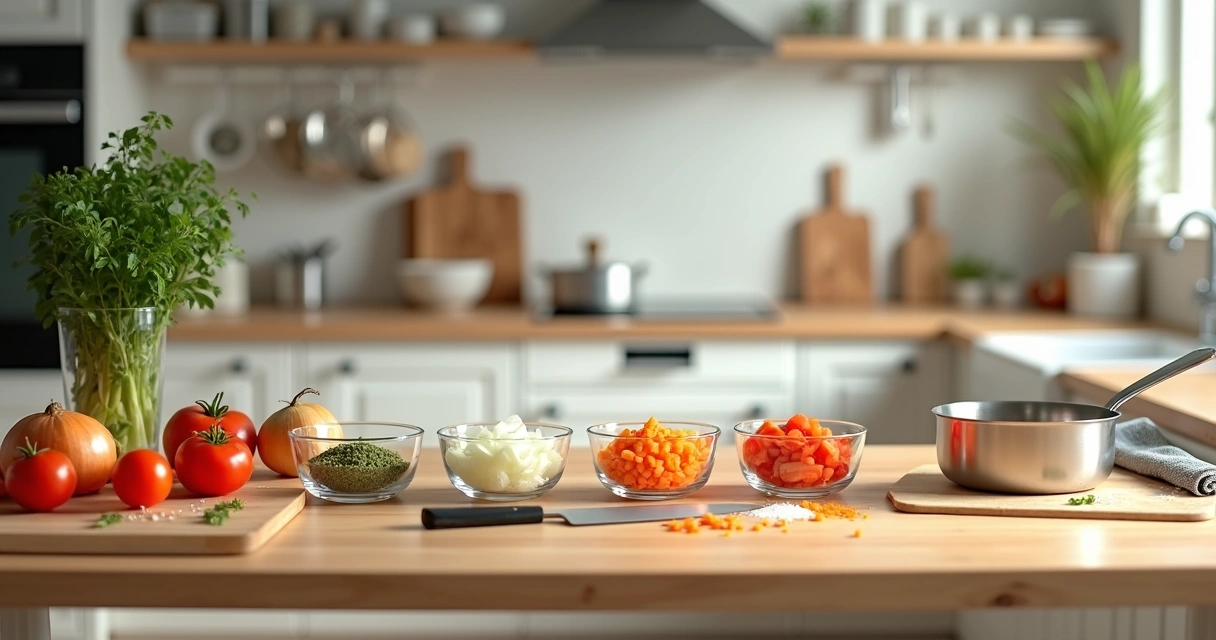Bancada de cozinha com ingredientes e utensílios organizados em mise en place 