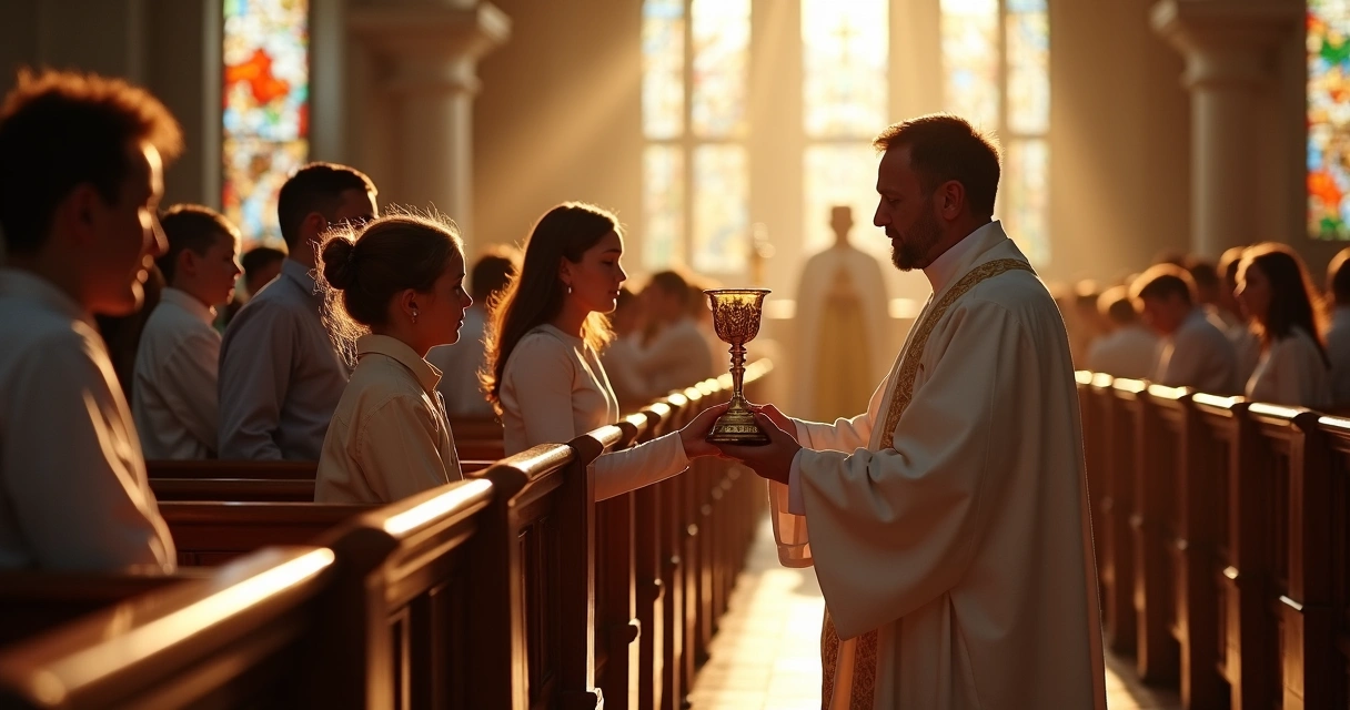 Fiéis participando da comunhão em missa católica 