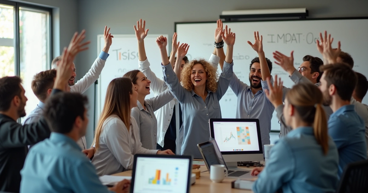 Equipe comemorando após alcançar objetivo coletivo