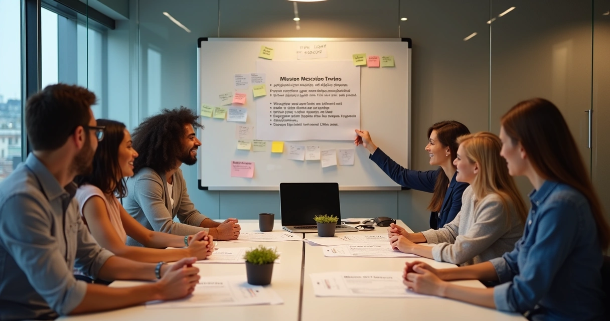 Equipe reunida discutindo missão empresarial juntos