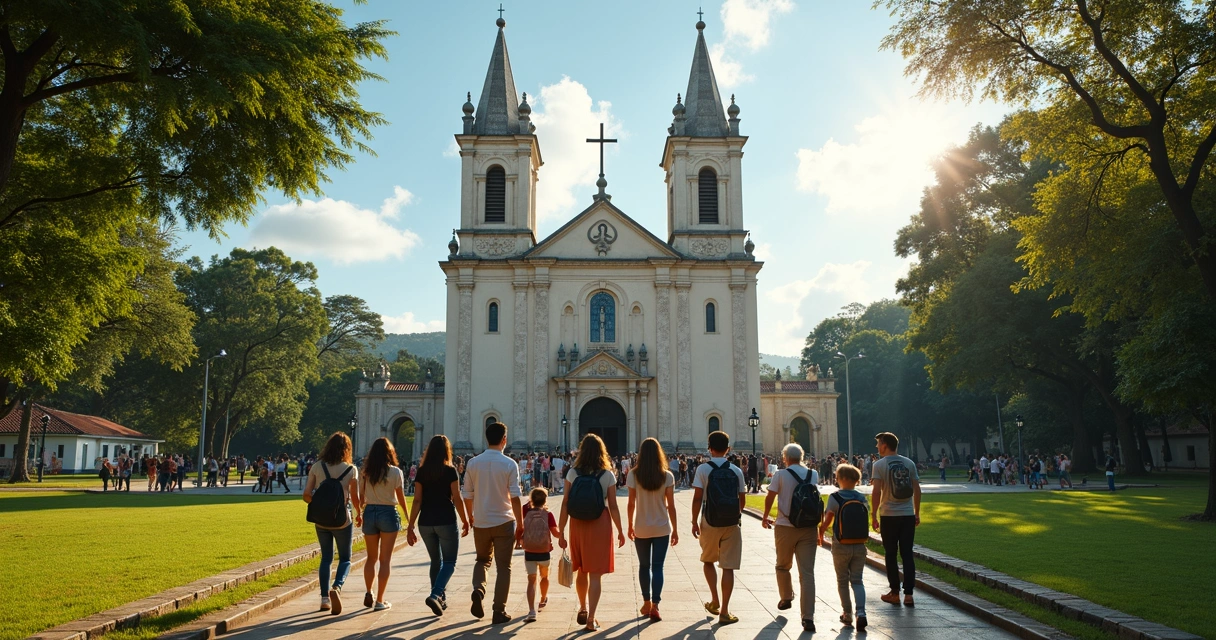 Catedral católica com pessoas diversas na porta 
