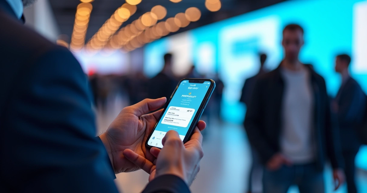 Visitante usando passaporte digital em aplicativo de evento 