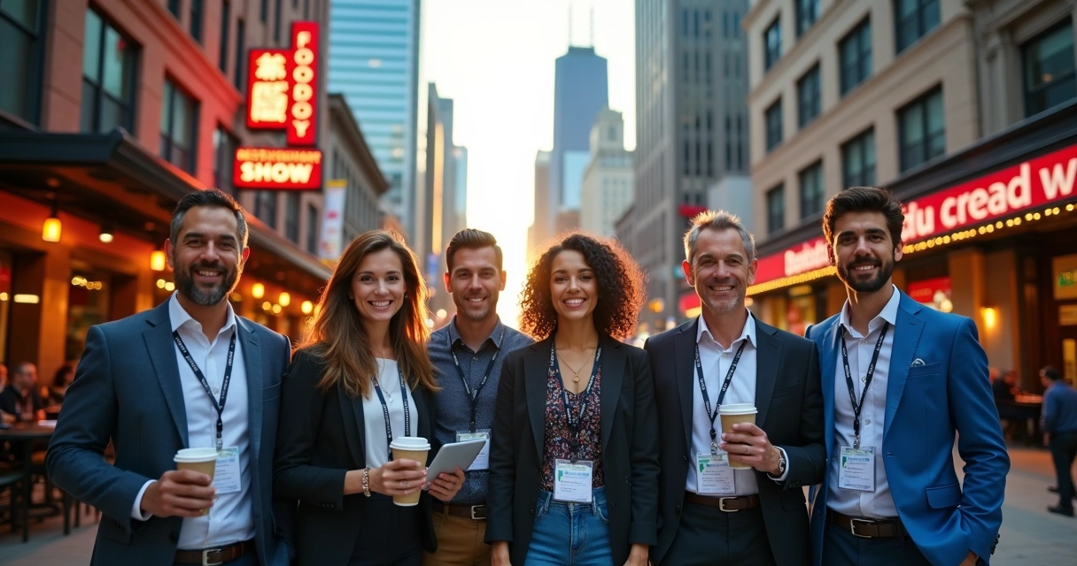 Grupo de profissionais de foodservice em frente ao skyline de Chicago durante missão técnica 