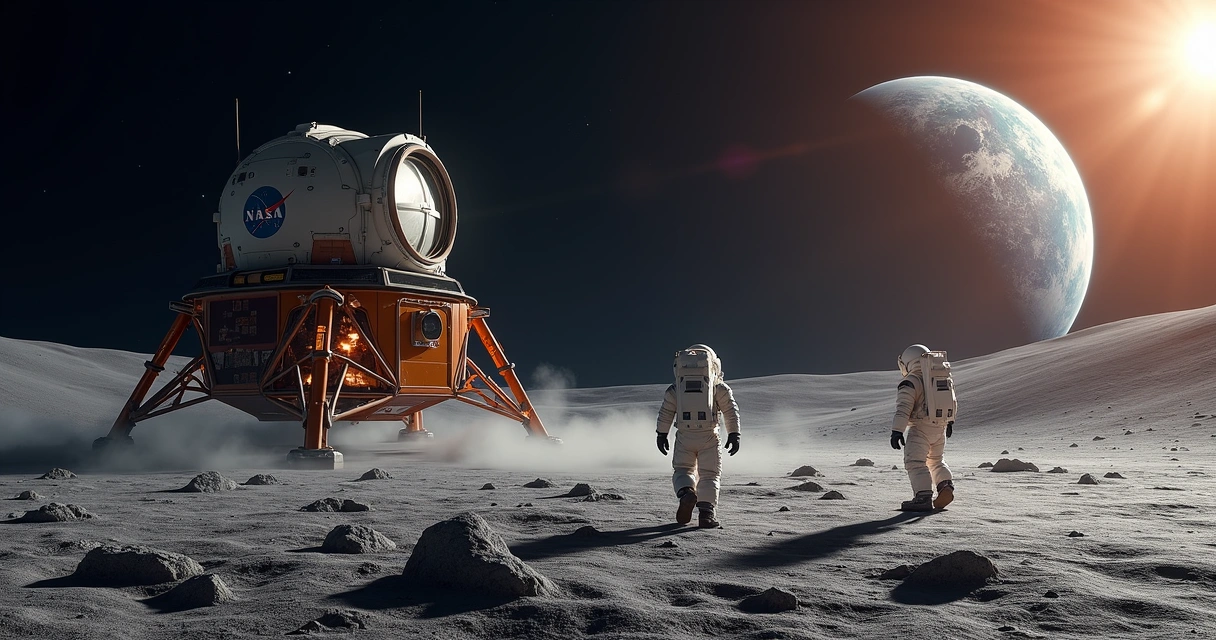 Astronautas perto do módulo lunar em cenário de decolagem 