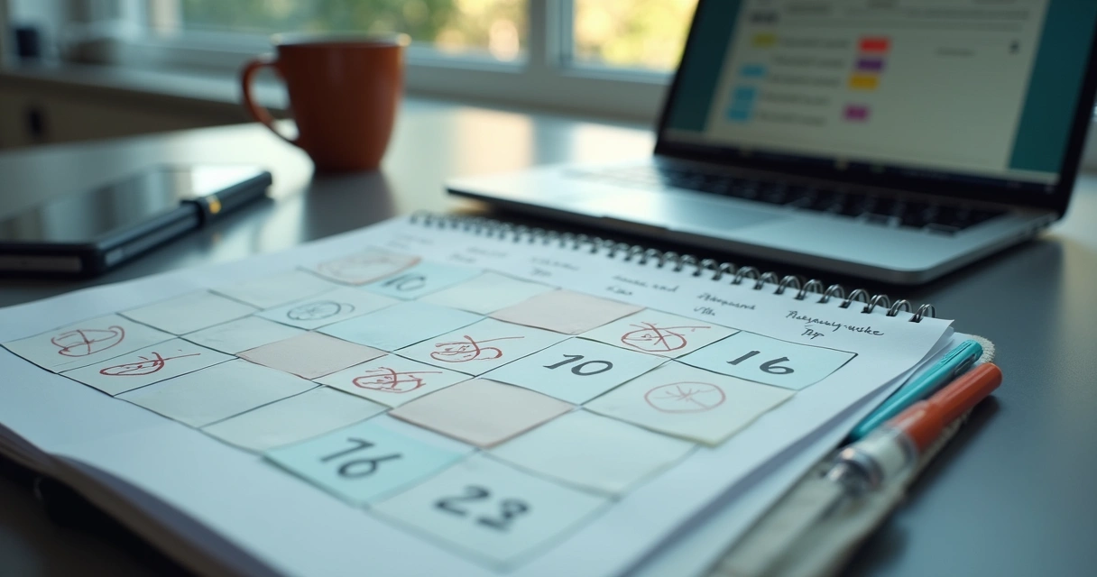Desk calendar with missed tasks and unread messages 